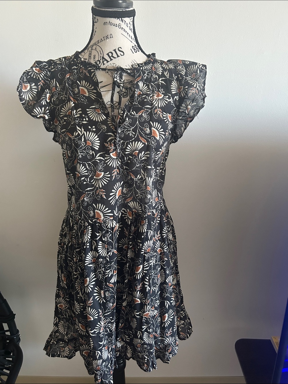 Rails Black Floral Tie-Front Midi Dress with Cream and Tan Motif